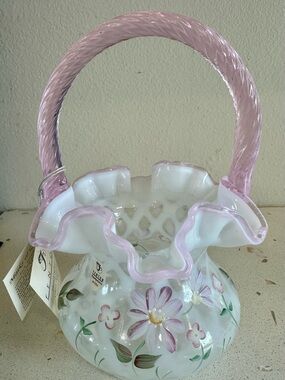 Fenton Pink and White Floral Hand-Painted Glass Basket